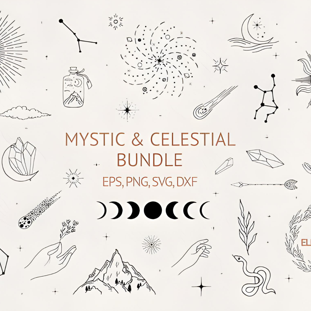 Mystic & Celestial Clipart Bundle - 163 Hand-Drawn Elements, Constellations, Stars, Moons, Planets, Witchcraft SVG for Cricut & Silhouette