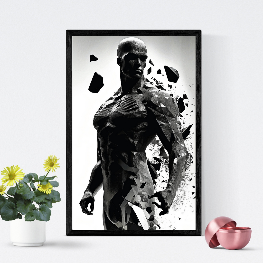 Fragmented Strength - Geometric Man Sculpture - Black and White Digital Wall Art - Abstract Modern Decor